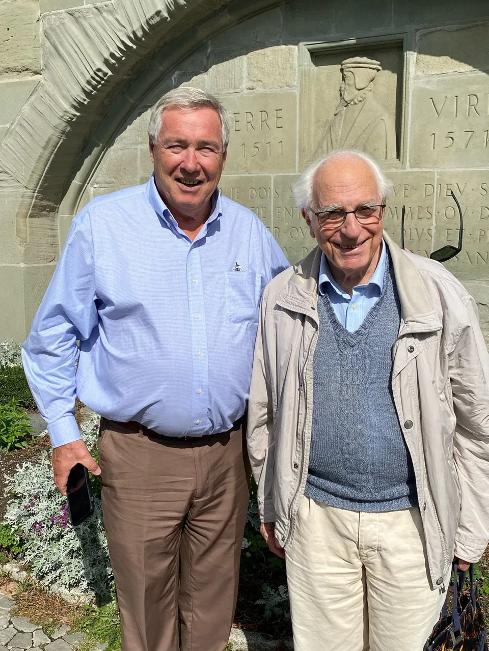 Francis Foucachon with Jean-Marc Berthoud at the Pierre Viret monument in Lausanne