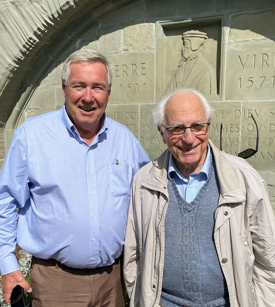 Francis and Monsieur Berthoud in front of the Lausanne monument of Pierre Viret, the forgotten Reformer.